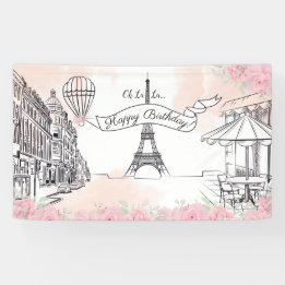 Floral Paris backdrop Happy Birthday banner