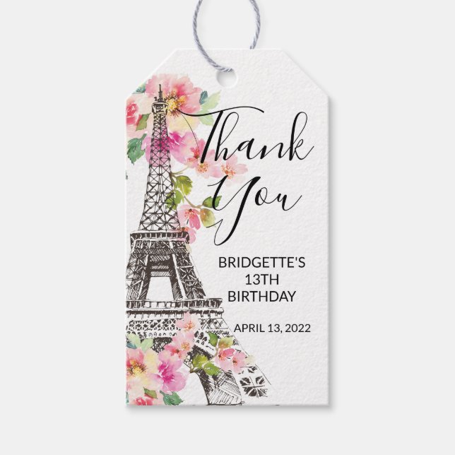Floral Paris Eiffel Tower Birthday Party Gefallen Geschenkanhänger (Vorderseite)