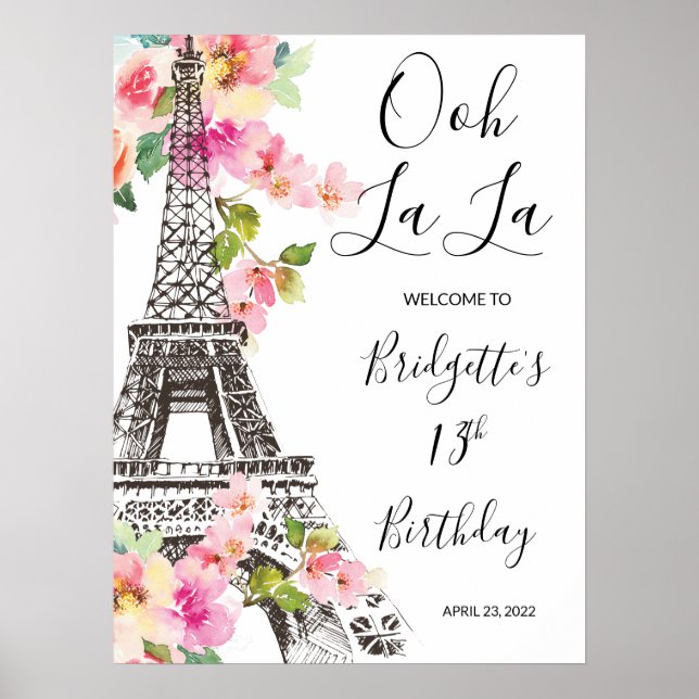 Floral Paris Eiffel Tower Geburtstag Begrüßungszei Poster (Vorne)