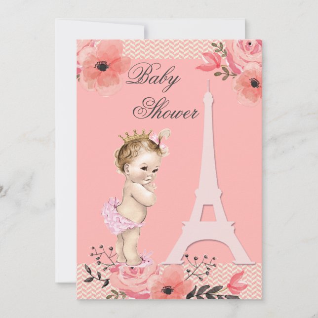 Floral Paris Eiffel Tower Princess Baby Dusche Einladung (Vorderseite)