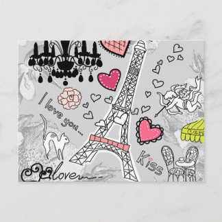 Floral Paris Eiffelturm schwarz rosa und grau Postkarte
