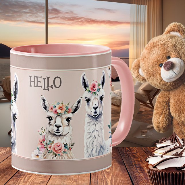 Floral Pastel Niedlich Llama Alpaca Tasse (Mug featuring cute llamas and alpacas with elegant flowers in pastel and chocolate colors)