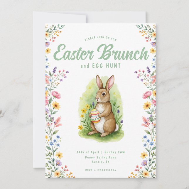 Floral Pastel Watercolor Bunny Easter Brunch Einladung (Vorderseite)