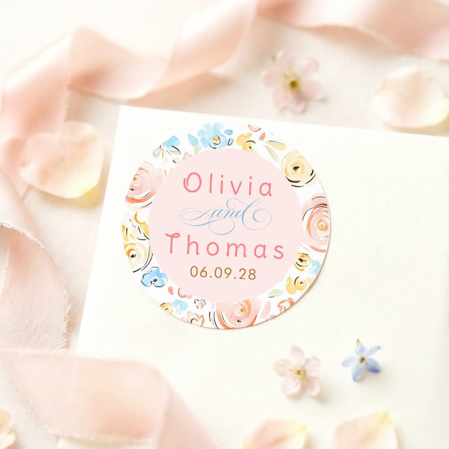 Floral Pastel Whimsical Elegant Wedding Runder Aufkleber (Whimsical Wedding Seal)