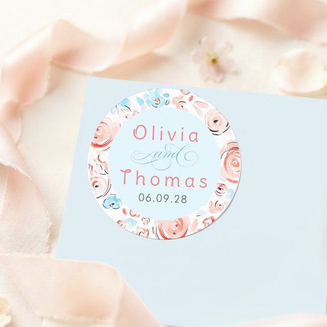 Floral Pastel Whimsical Elegant Wedding Runder Aufkleber (Dusty Blue and Pink Wedding Seals)