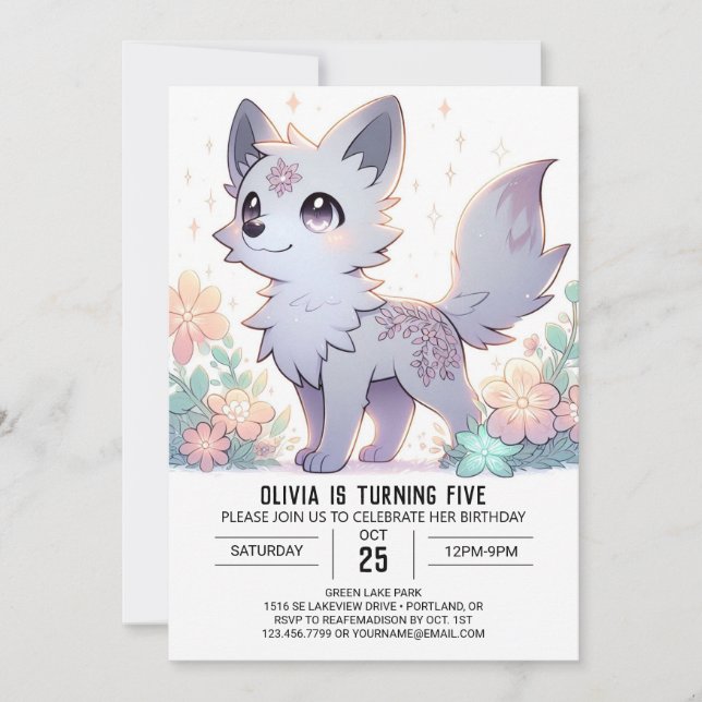 Floral Pastel Wolf Digital Geburtstag Einladung (Vorderseite)