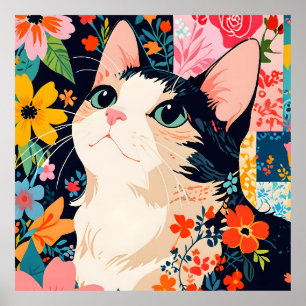 Floral Patchwork Cat Poster