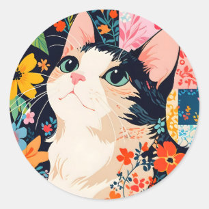 Floral Patchwork Cat Runder Aufkleber