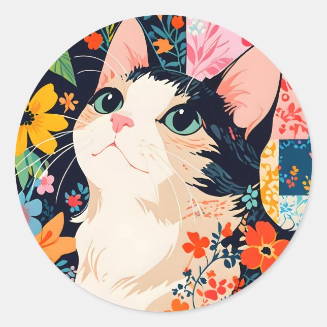 Floral Patchwork Cat Runder Aufkleber (Vorderseite)