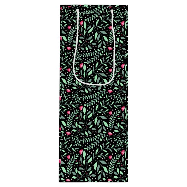 Floral pattern.05.FR.pink und Lgreen black BG Geschenktüte Für Weinflaschen (Vorderseite)