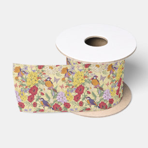 Floral Pattern Hydrangea Lilac Bluebell Birds Satinband