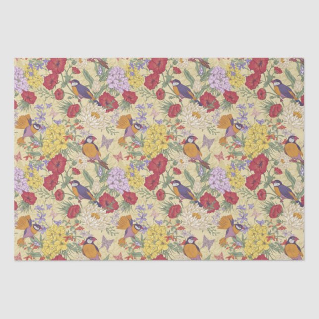 Floral Pattern Hydrangea Lilac Bluebell Birds Seidenpapier (Vorderseite)