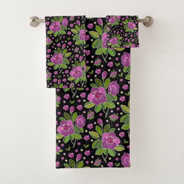 Floral Pattern Lilac Pink Green Black Badhandtuch Set (Insitu)
