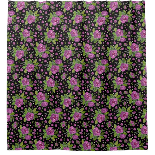 Floral Pattern Lilac Pink Green Black Duschvorhang (Vorderseite)