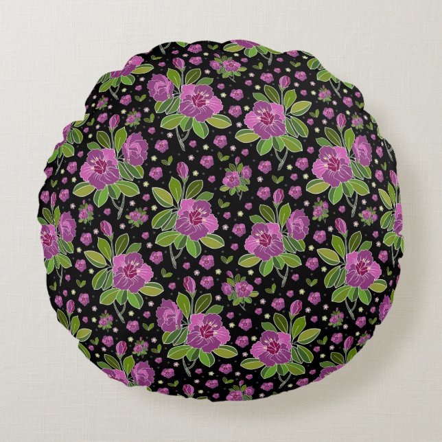 Floral Pattern Lilac Pink Green Black Rundes Kissen (Vorderseite)