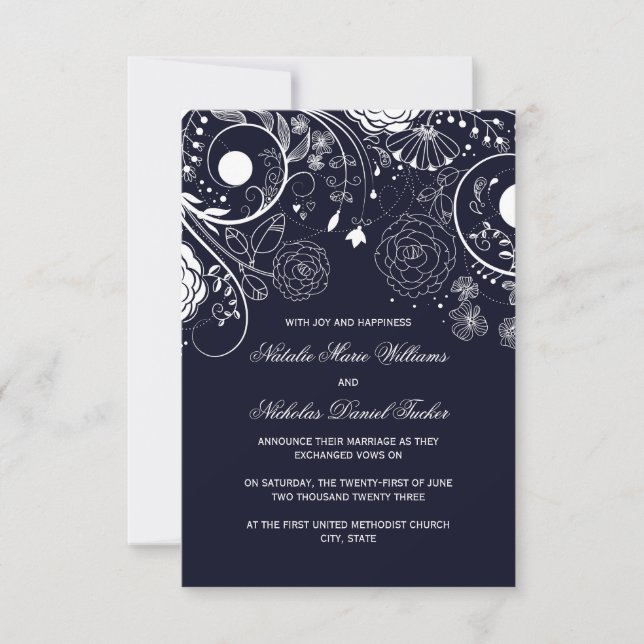 Floral Pattern Navy - 3x5 Hochzeitsankündigung Einladung (Vorderseite)