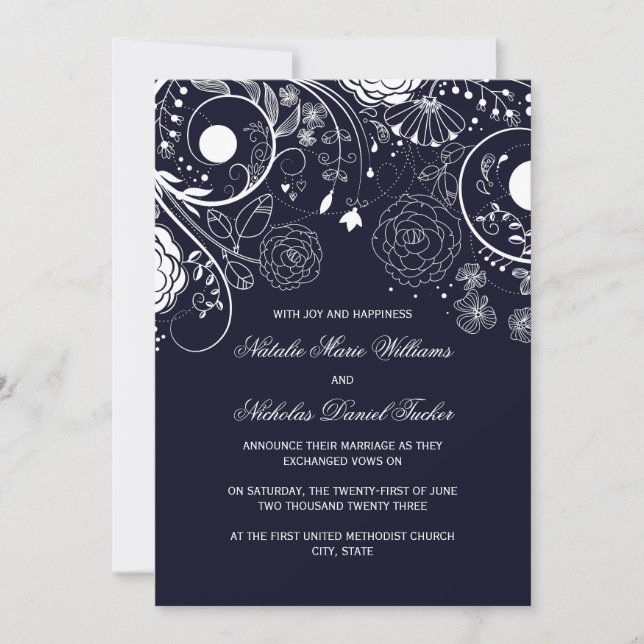 Floral Pattern Navy - Hochzeitsankündigung Einladung (Vorderseite)