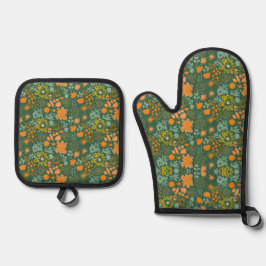 Floral pattern on a dark green background ofenhandschuh & Topflappen-Set