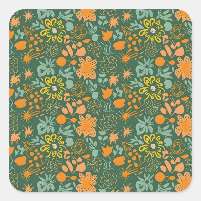 Floral pattern on a dark green background  quadratischer aufkleber (Vorderseite)