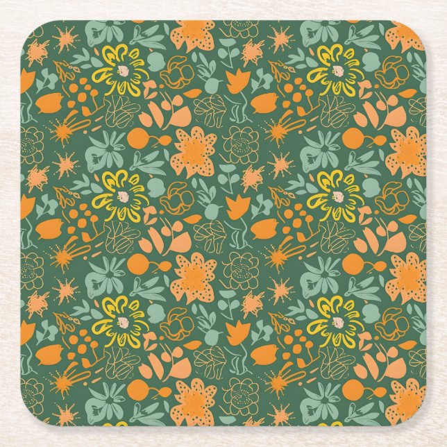 Floral pattern on a dark green background  rechteckiger pappuntersetzer (Vorderseite)