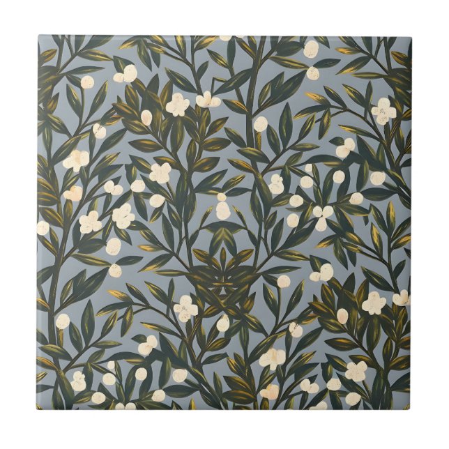 Floral pattern on  dusty blue-gray background fliese (Vorderseite)