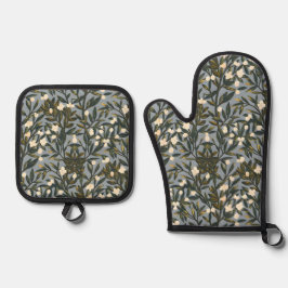Floral pattern on  dusty blue-gray background ofenhandschuh & Topflappen-Set