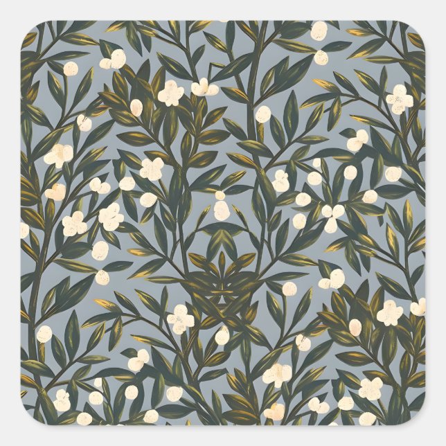 Floral pattern on  dusty blue-gray background quadratischer aufkleber (Vorderseite)