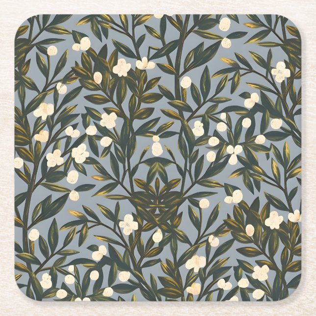 Floral pattern on  dusty blue-gray background rechteckiger pappuntersetzer (Vorderseite)