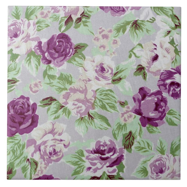 Floral Pattern Purple Flowers Green Foliage Fliese (Vorderseite)