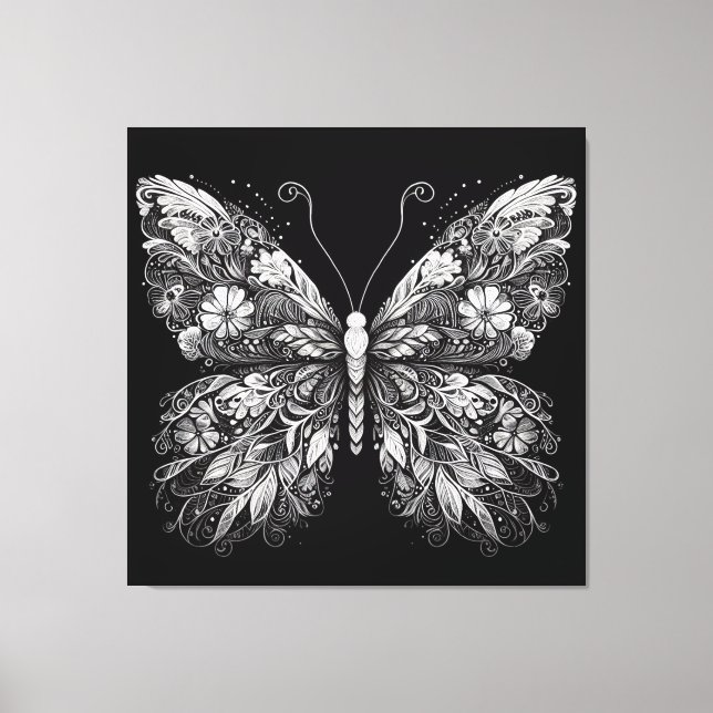 Floral Patterned Butterfly in White Ink Design Leinwanddruck (Vorderseite)