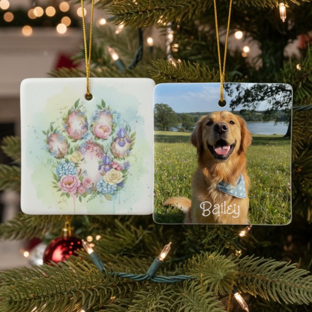 Floral Paw Print and Photo Pet Christmas Keramikornament (Watercolor floral pawprint photo Christmas ornament)