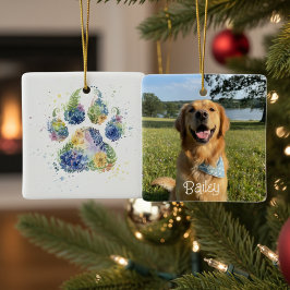 Floral Paw Print and Photo Pet Christmas Keramikornament