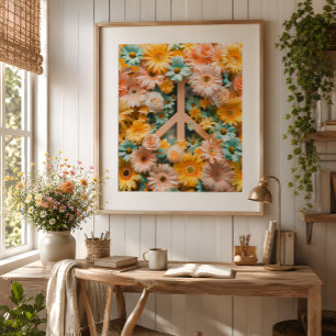 Floral Peace Symbol Art Poster - Retro 60er Blume