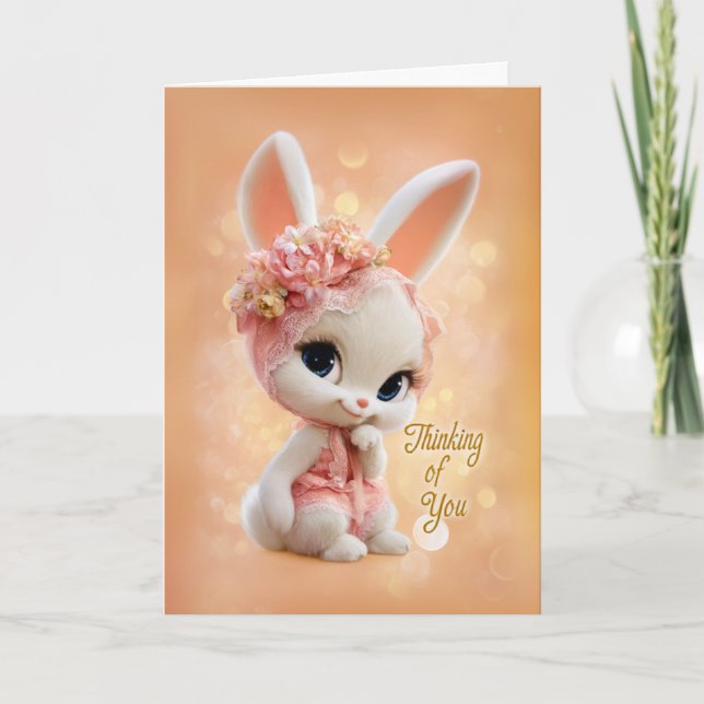 Floral Peach Bonnet Baby Bunny Thinking of You Karte (Vorderseite)