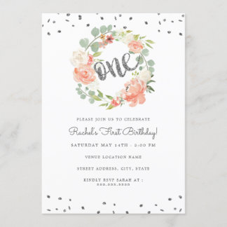 Floral Peach Silver One Wreath Erster Geburtstag Einladung