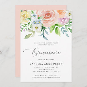 Floral Peach Wassercolor Quinceañera Einladung