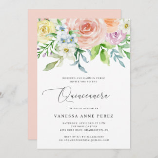 Floral Peach Wassercolor Quinceañera Einladung