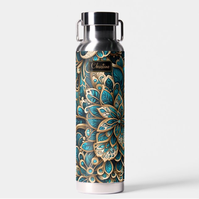 Floral Peacock Blue Mandala Trinkflasche (Vorne)