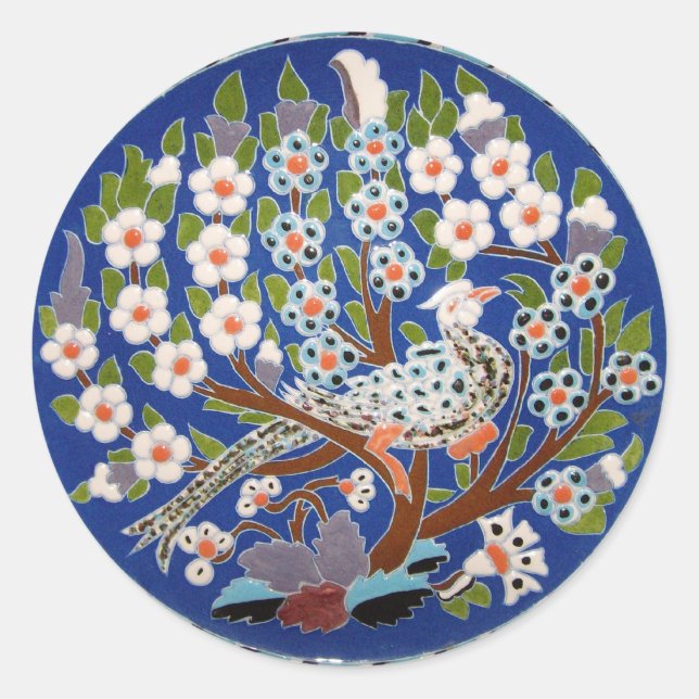 Floral Peacock Tile Art Runder Aufkleber (Vorderseite)
