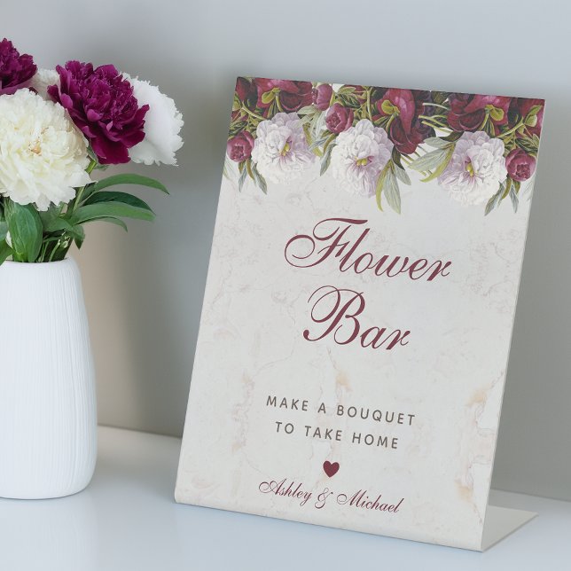 Floral Peonies Marble Elegante Script-Blume-Bar Sockelschild (Von Creator hochgeladen)