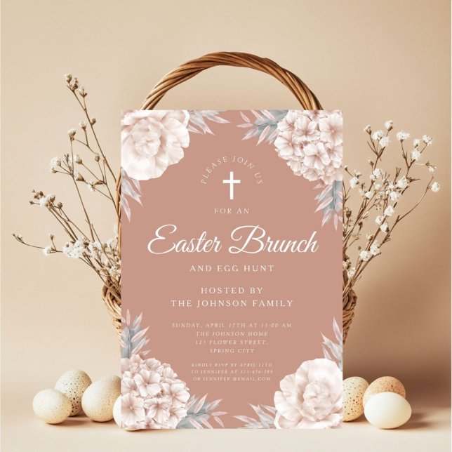 Floral Peonies Religious Cross Oster Brunch Einladung (Floral Peonies Religious Cross Easter Brunch Invitation)