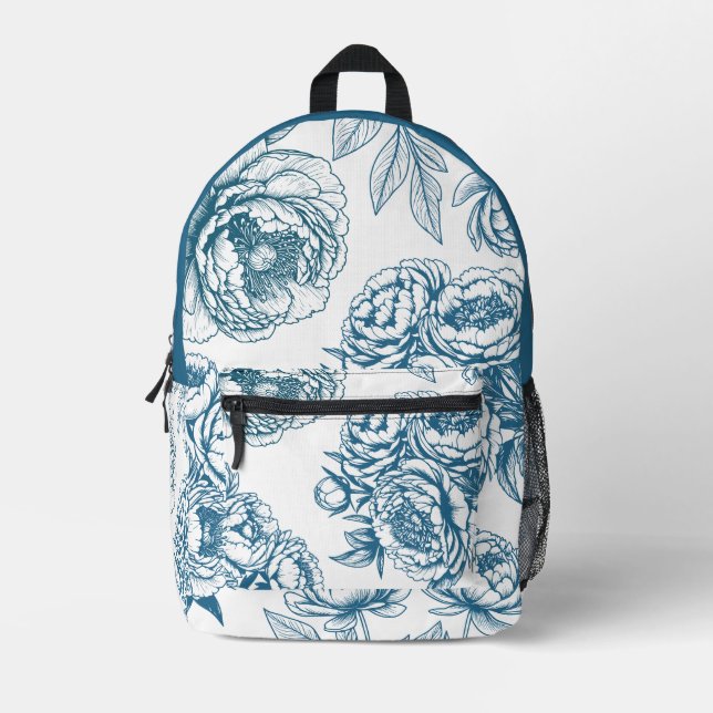 Floral Peony Blue Bedruckter Rucksack (Vorderseite)