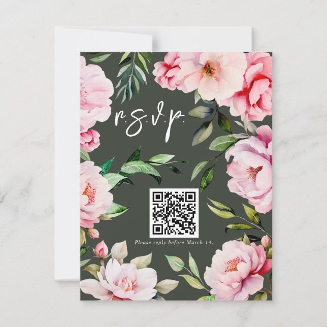 Floral Peony Magnolia Green Wedding QR RSVP Karte (Vorderseite)