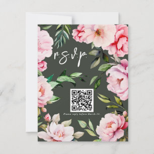 Floral Peony Magnolia Green Wedding QR RSVP Karte