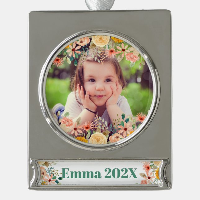 Floral Personalisiert Daughter Son Grandchild Foto Banner-Ornament Silber (Vorderseite)