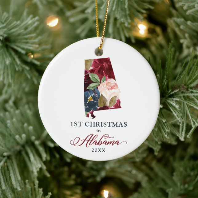 Floral Personalized 1st Christmas In Alabama State Keramik Ornament (Baum)