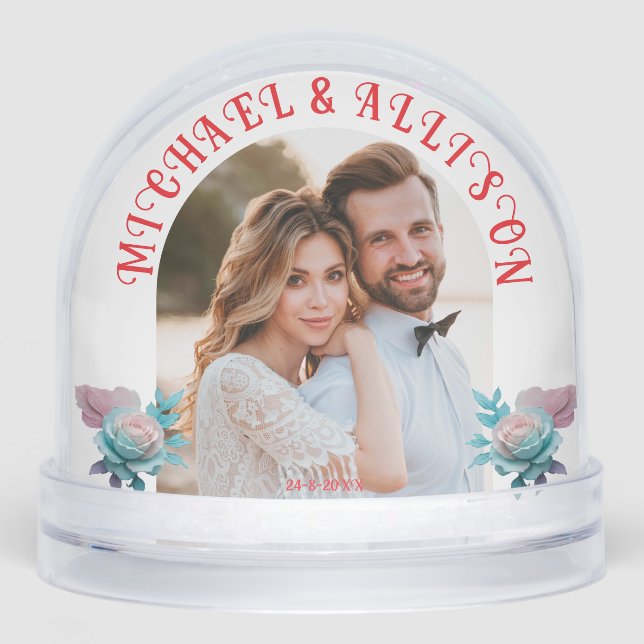 Floral Personalized 2 Photo Wedding Keepsake Schneekugeln (Vorderseite)