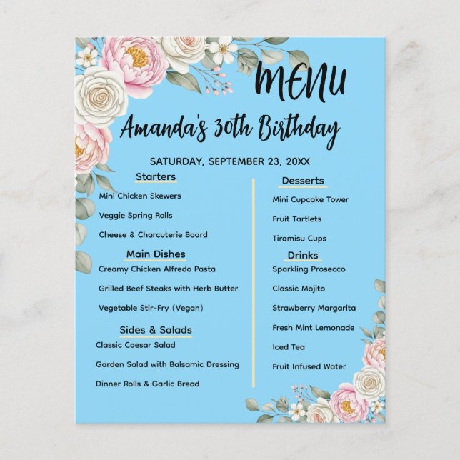 Floral Personalized Birthday Menu Program Card Flyer (Vorne)