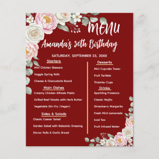 Floral Personalized Birthday Menu Program Card Flyer