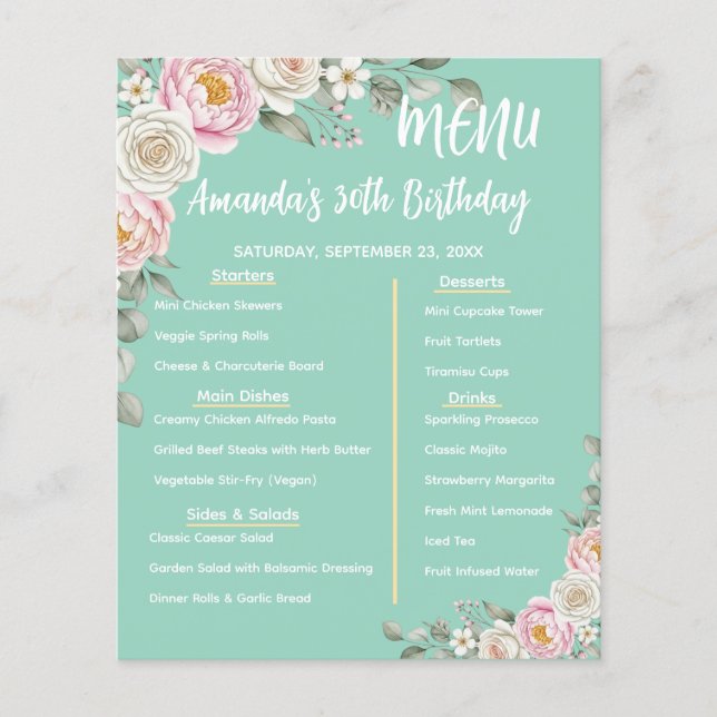 Floral Personalized Birthday Menu Program Card Flyer (Vorne)